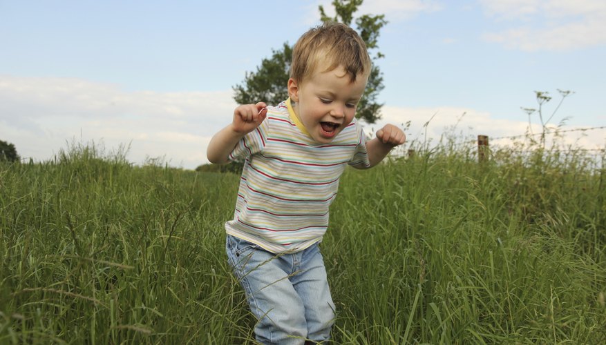 A happy toddler playing in the grass. A happy toddler playing in the grass.