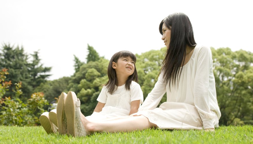 Child speaking with mother on grass field Child speaking with mother on grass field