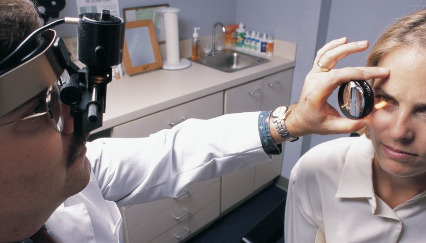When writing eye exam results on a chart or for a prescription, an eye doctor uses the abbreviations for the Latin terms meaning right and left eye. When writing eye exam results on a chart or for a prescription, an eye doctor uses the abbreviations for the Latin terms meaning right and left eye.