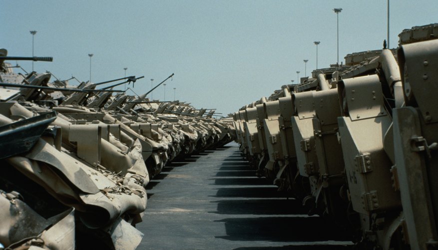 M-3 Bradley fighting vehicles preparing for deployment back to the USA after Operation Desert Storm, Saudi Arabia