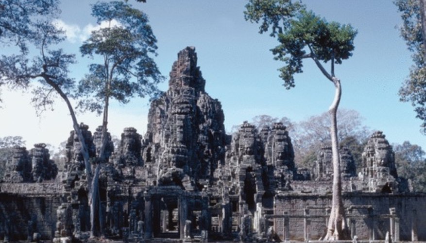 Photo Credit: Jupiterimages/Photos.com/Getty Images Angkor Wat's builders crafted the temple city out of thousands of tons of sandstone.