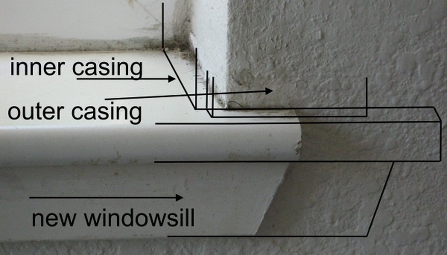 Where casing is added showing lines for new stool (dog ear) and apron. Where casing is added showing lines for new stool (dog ear) and apron.